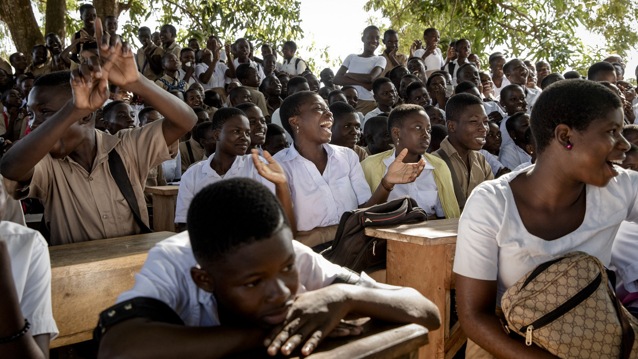 Students burst out laughing during a participatory theater performance by the association Nyagbe ("the word") at the Lycée Gbodjomé in Goumoukopé. 